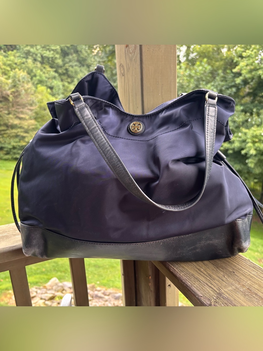Tory Burch Navy and Black Logo Shoulder Tote